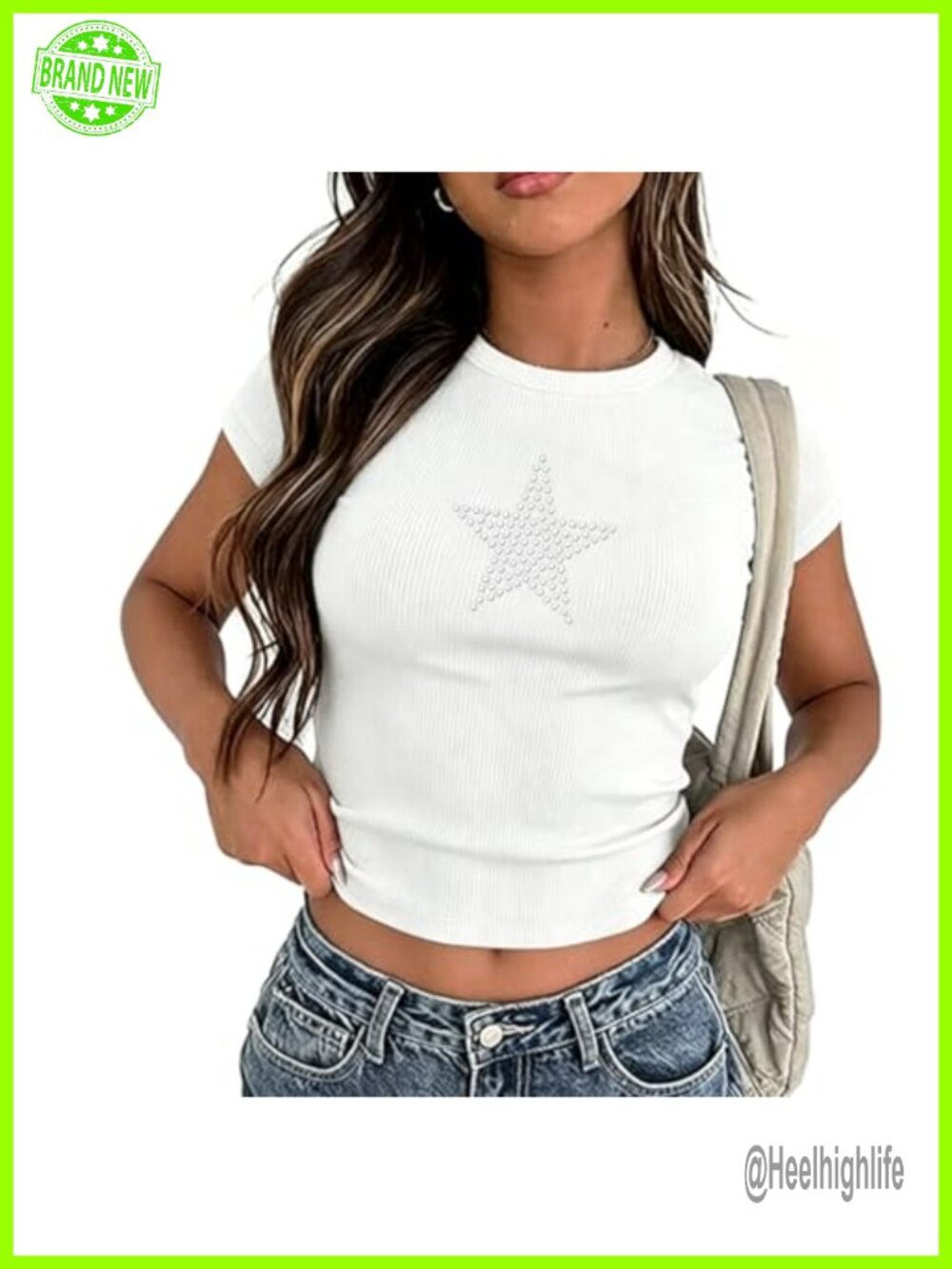 Rhinestone Star Ribbed Crop Top Short Sleeve Y2K Concert Tee Slim Fit